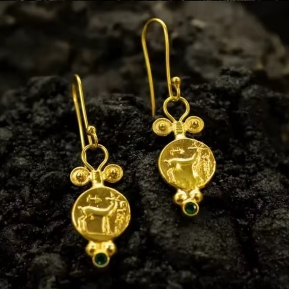 New 24k Gold Drop Earrings with Green Accents